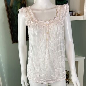 Pinky White Lace sheer Button Tank Top mesh embroidered romantic floral medium M